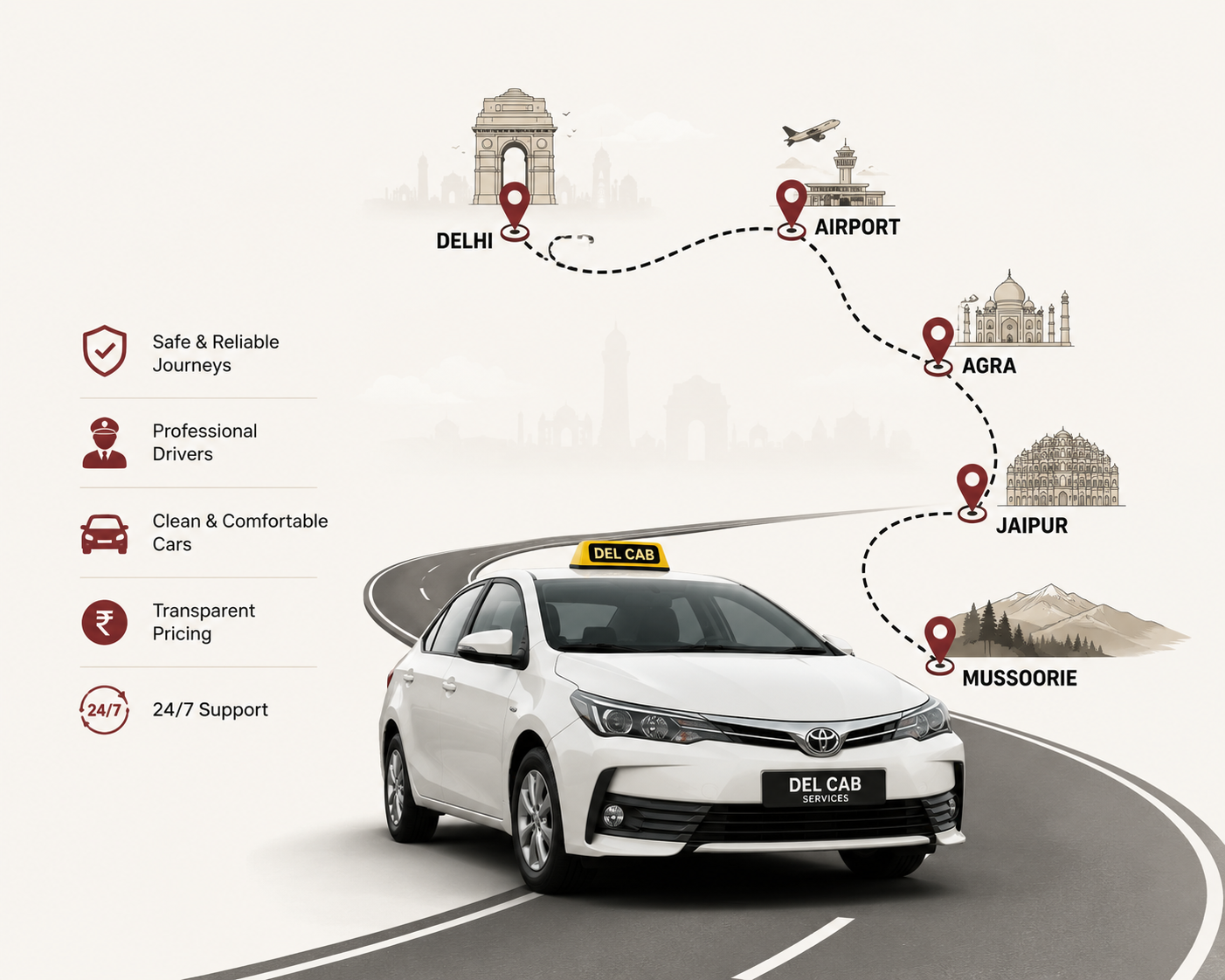Del Cab Services taxi routes from Delhi to Airport, Agra, Jaipur and Mussoorie