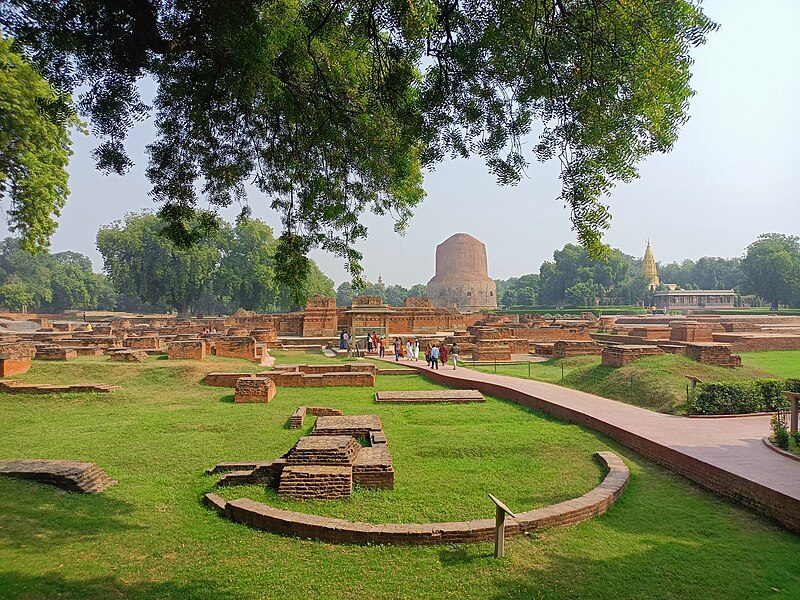 dhamek stupa, a renowned Buddhist monument in varanasi, showcasing ancient architecture and spiritual significance. easily accessible by cab from delhi to varanasi, a must-visit for tourists.